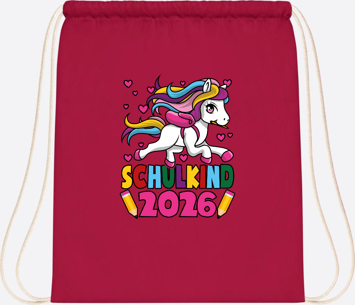 Turnbeutel Schulkind 2026 Einhorn mit Wunschname - Classic Red