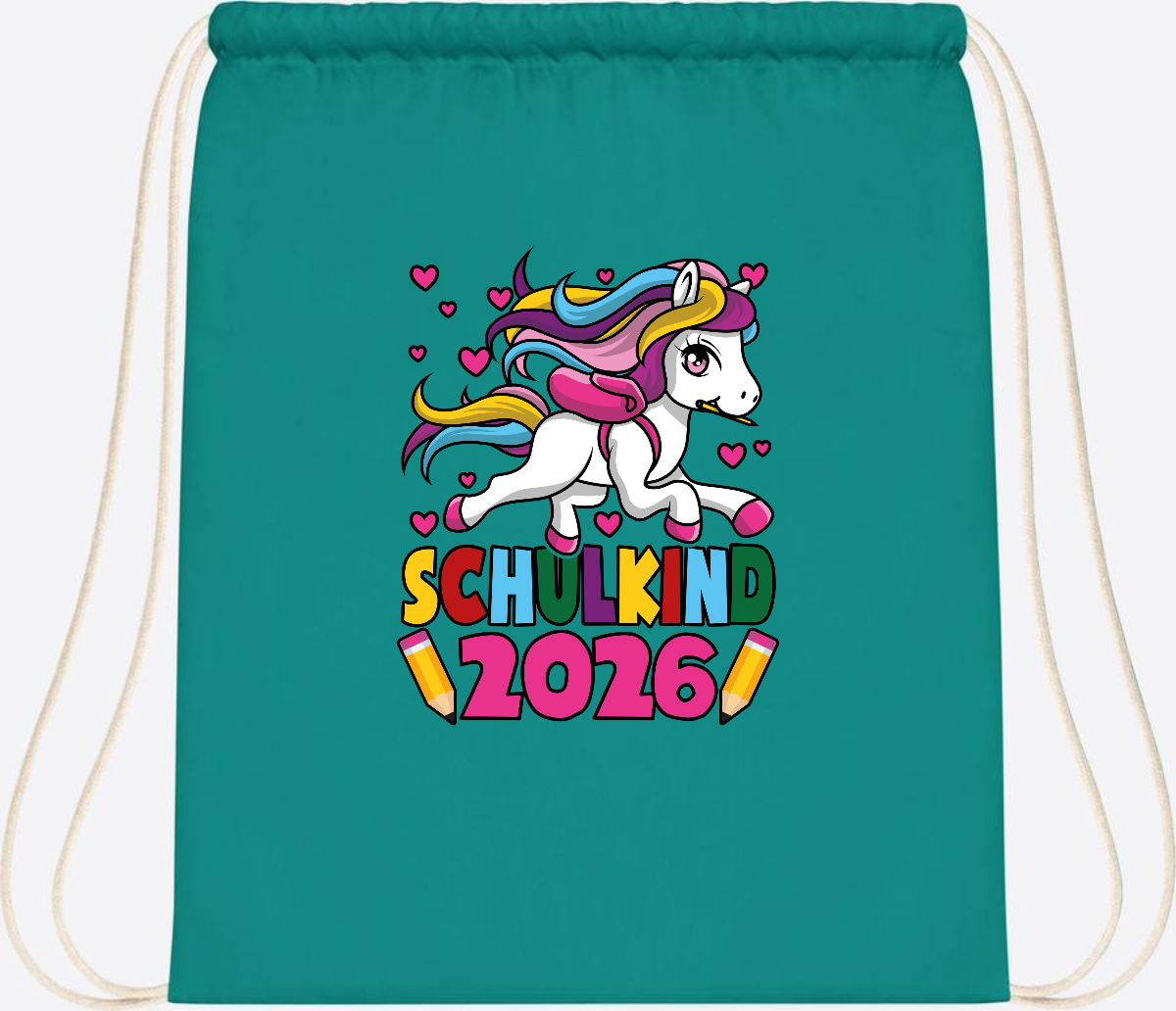 Turnbeutel Schulkind 2026 Einhorn mit Wunschname - Emerald