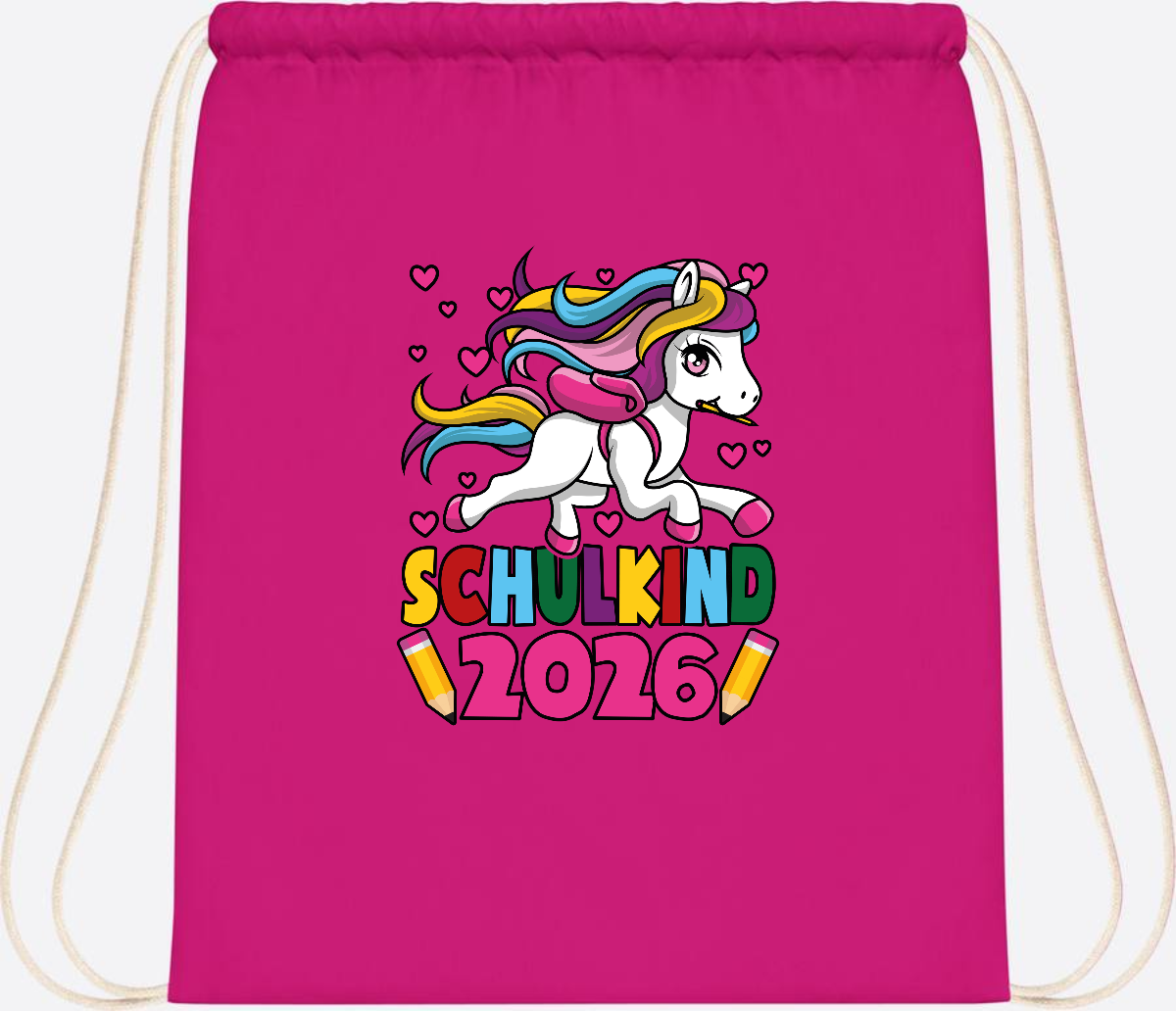Turnbeutel Schulkind 2026 Einhorn mit Wunschname - Fuchsia