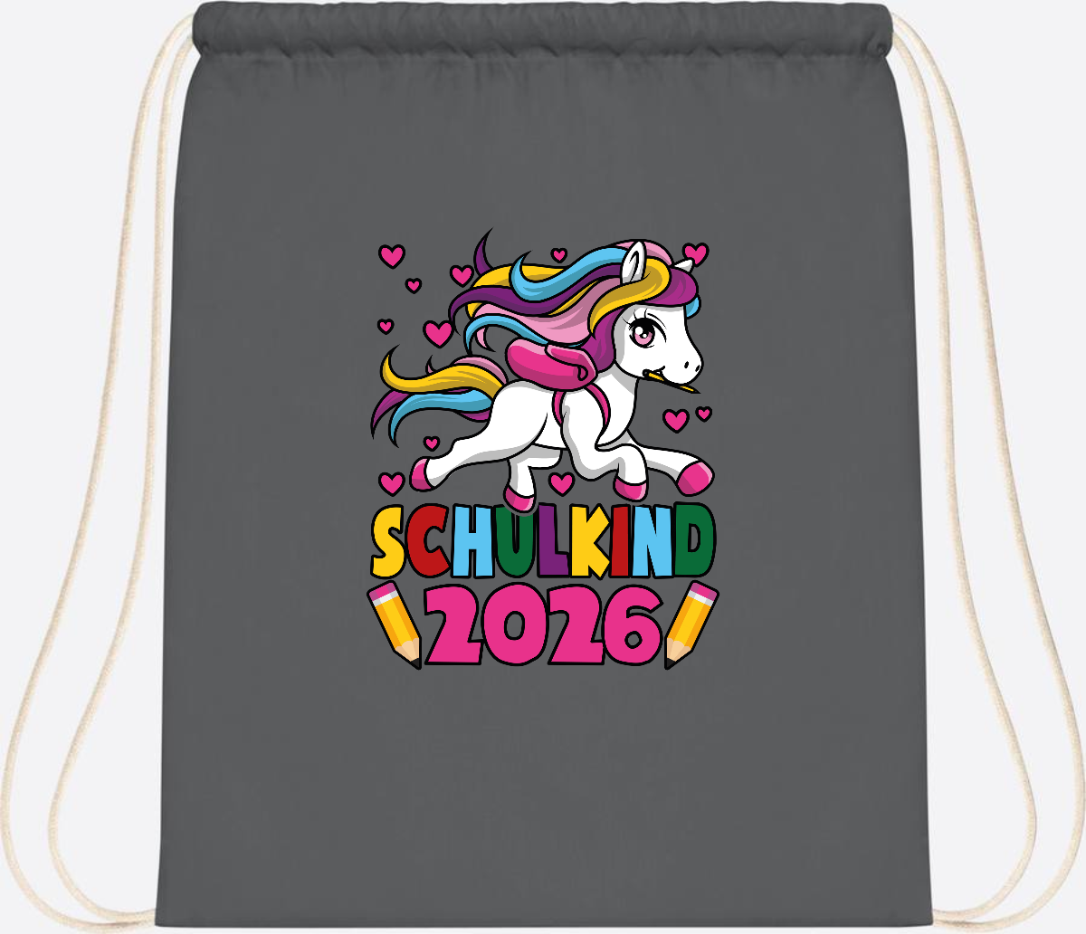Turnbeutel Schulkind 2026 Einhorn mit Wunschname - Graphite Grey