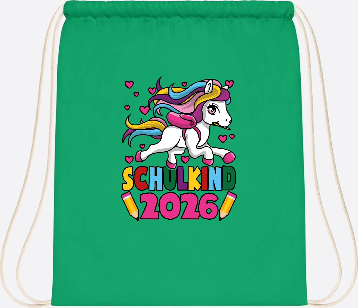 Turnbeutel Schulkind 2026 Einhorn mit Wunschname - Kelly Green