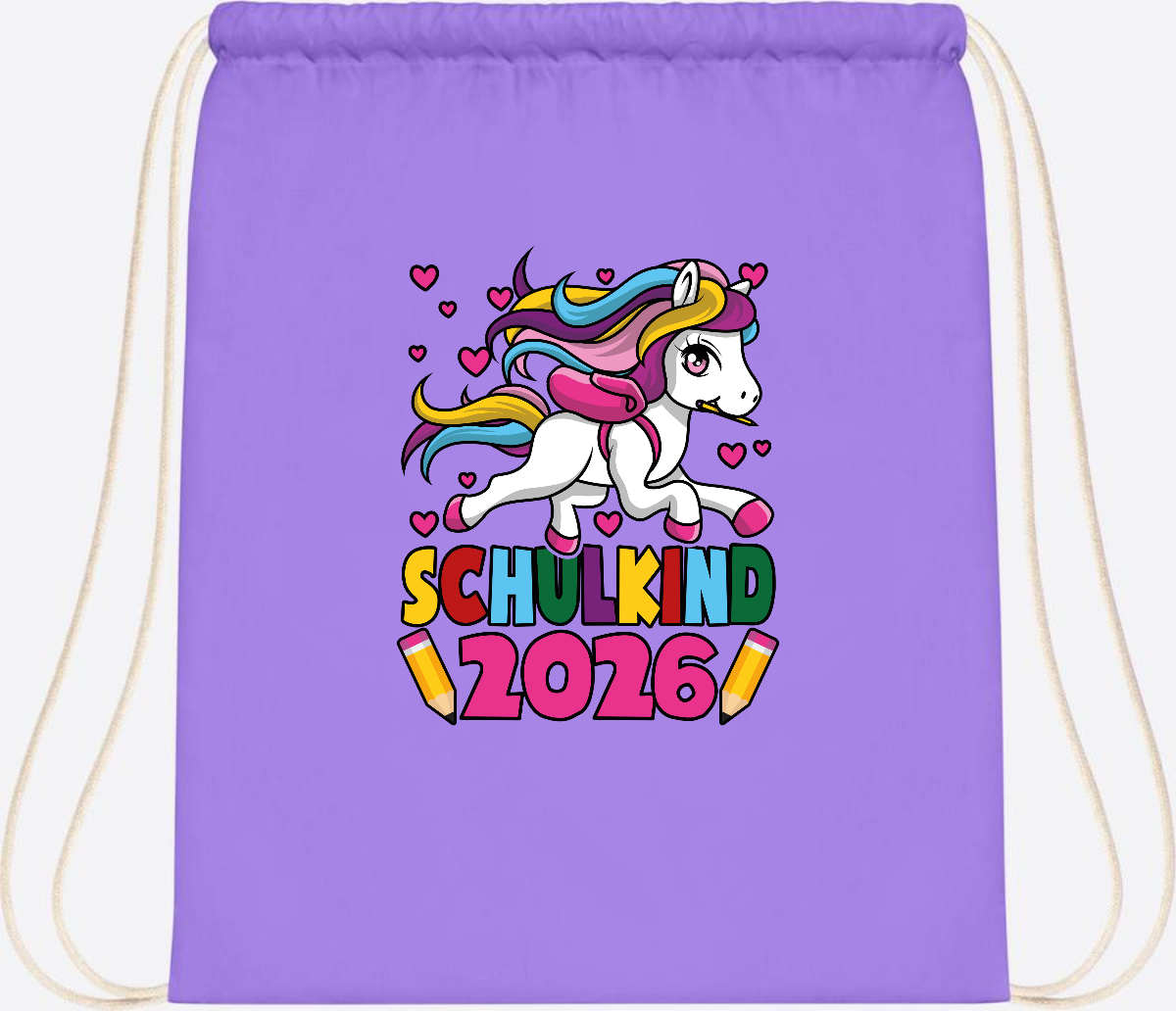 Turnbeutel Schulkind 2026 Einhorn mit Wunschname - Lavender/White