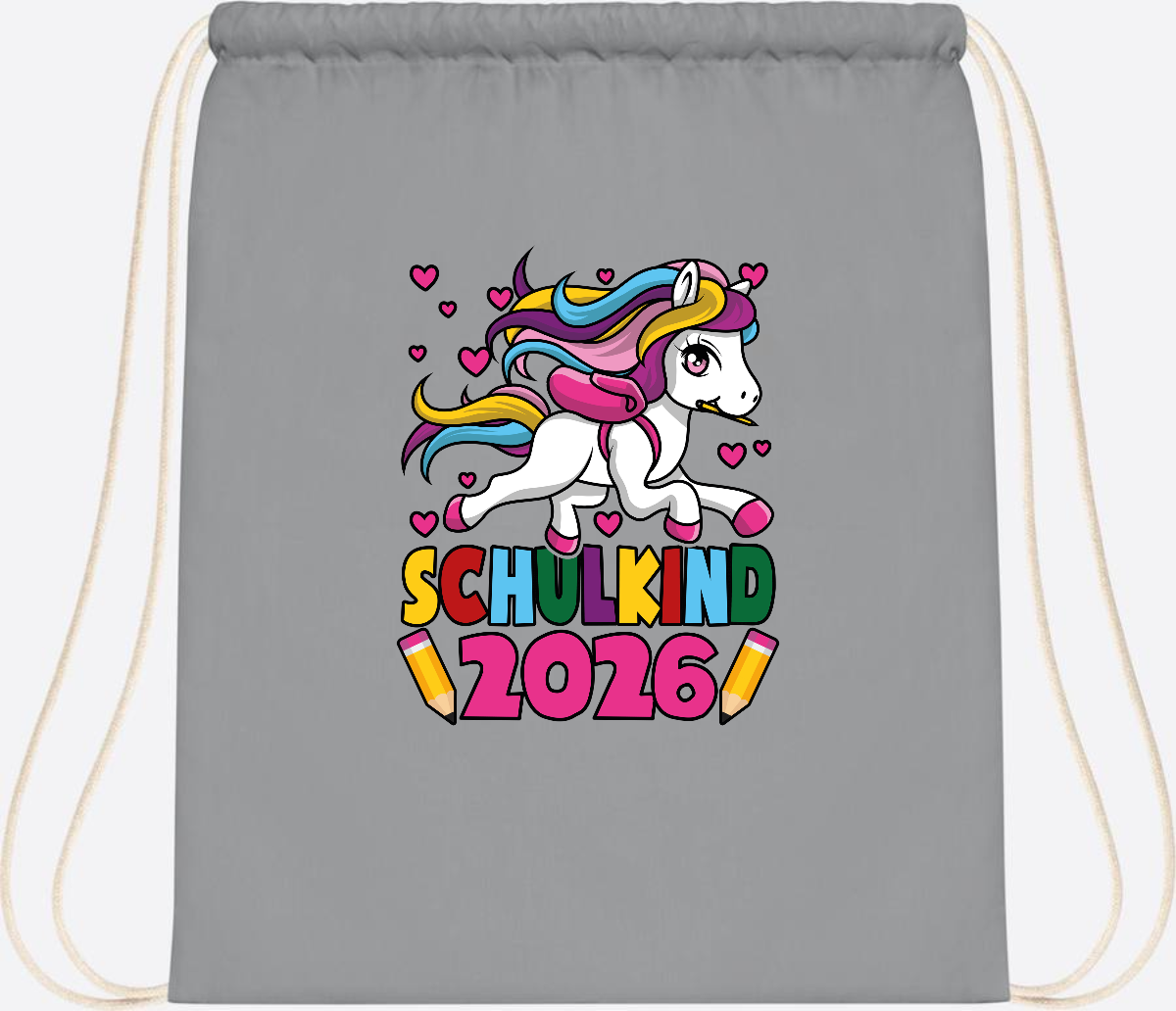 Turnbeutel Schulkind 2026 Einhorn mit Wunschname - Light Grey