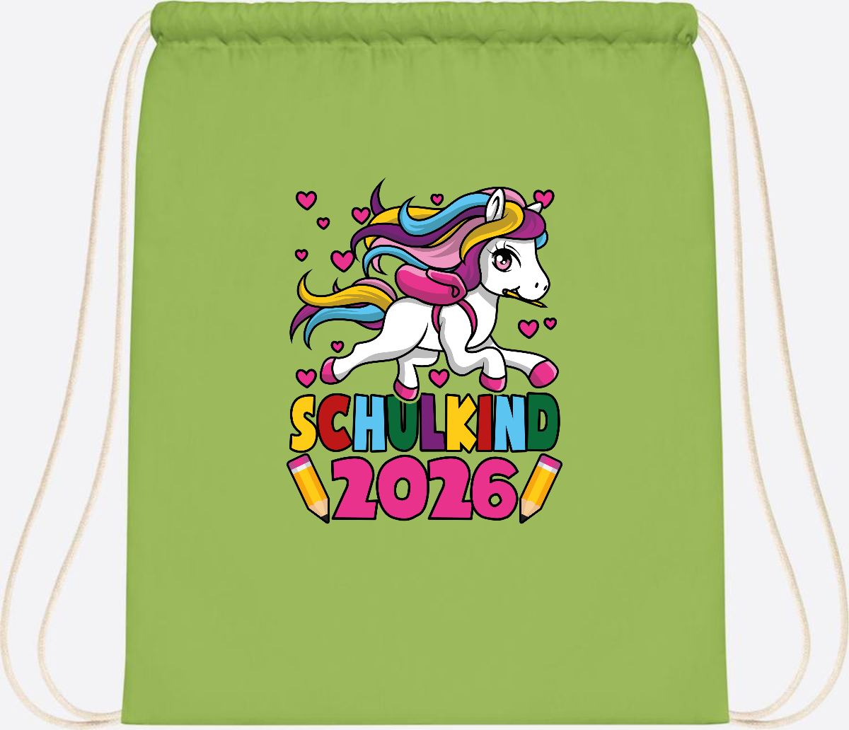 Turnbeutel Schulkind 2026 Einhorn mit Wunschname - Lime Green