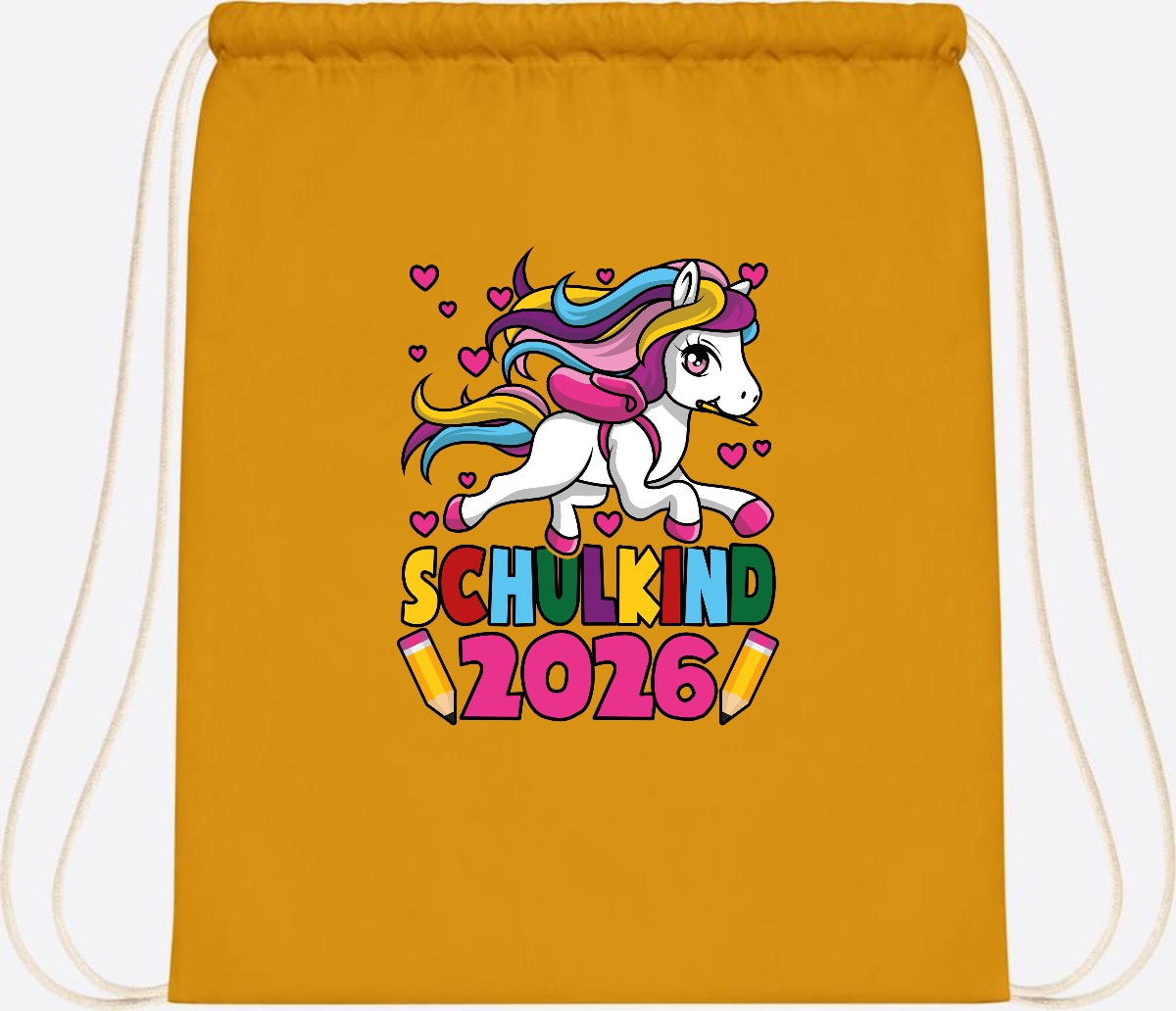 Turnbeutel Schulkind 2026 Einhorn mit Wunschname - Mustard