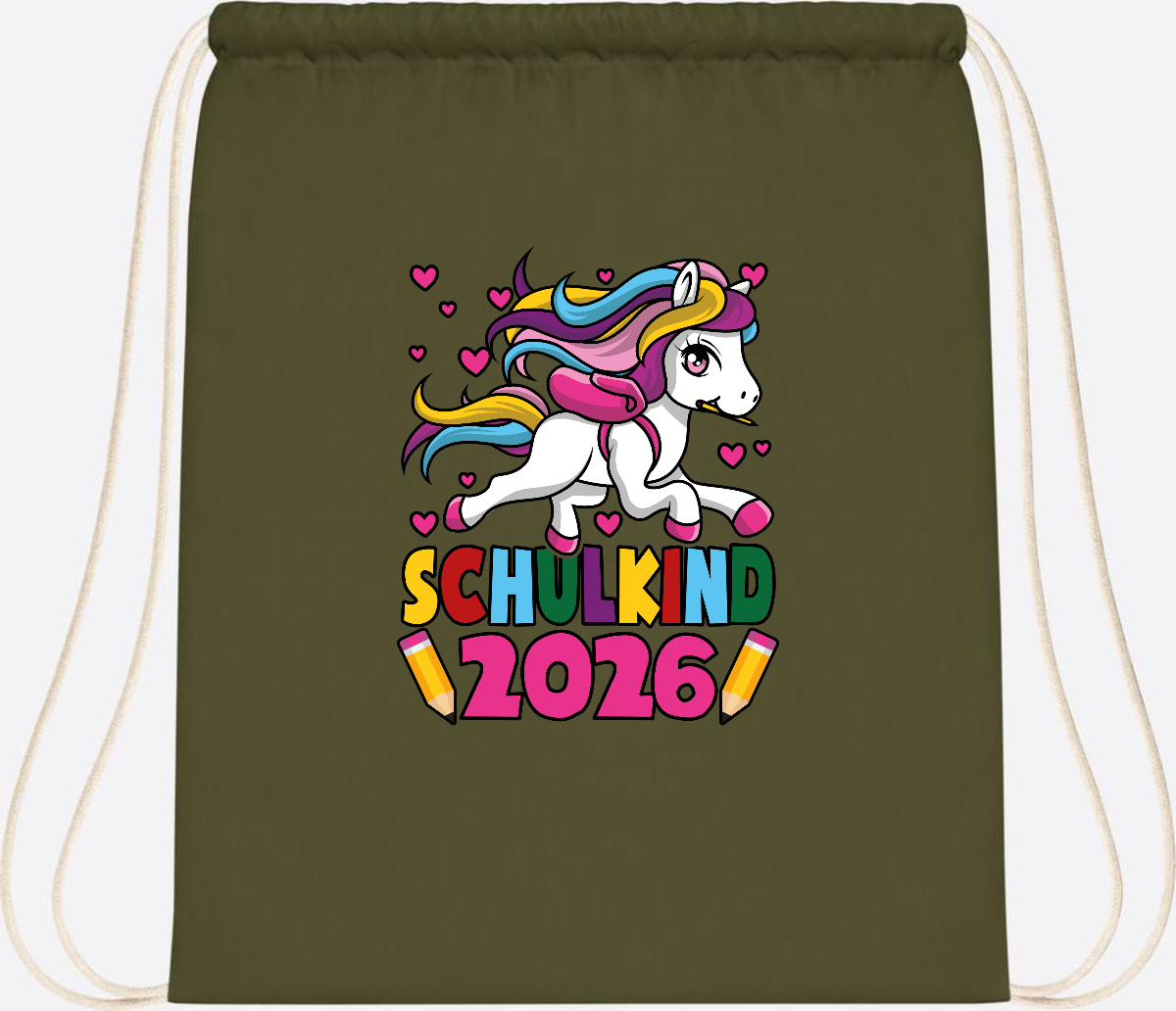 Turnbeutel Schulkind 2026 Einhorn mit Wunschname - Olive Green