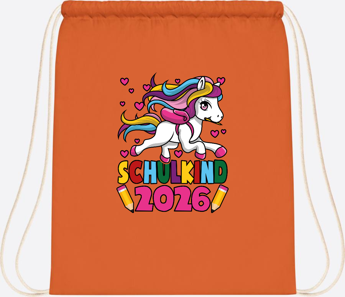 Turnbeutel Schulkind 2026 Einhorn mit Wunschname - Orange