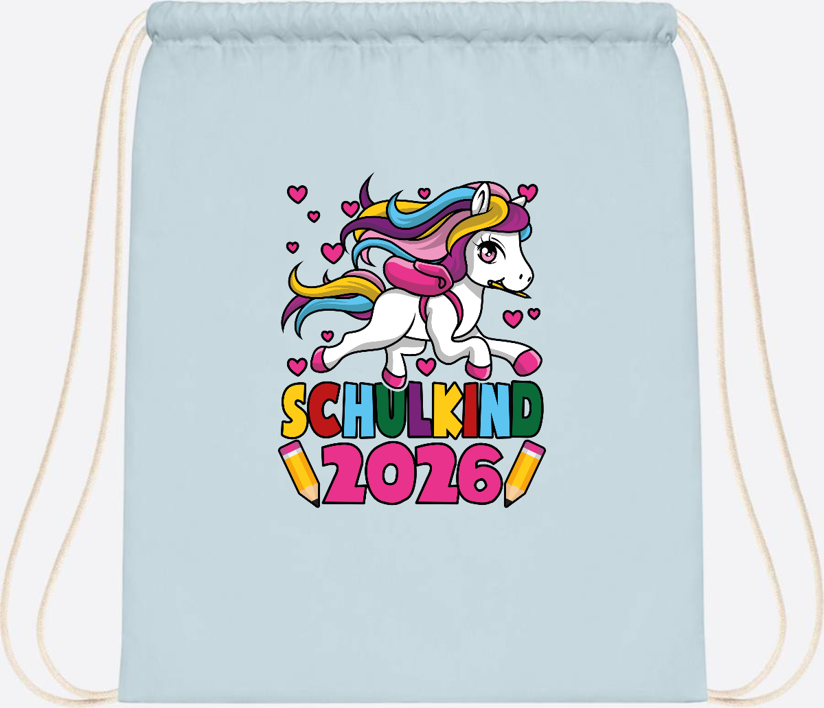 Turnbeutel Schulkind 2026 Einhorn mit Wunschname - Pastel Blue/White