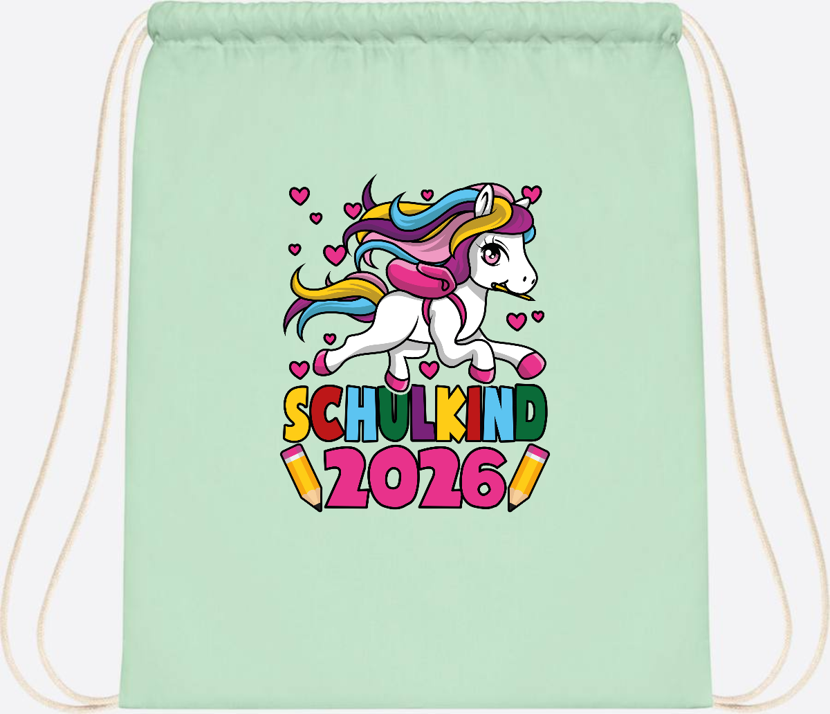 Turnbeutel Schulkind 2026 Einhorn mit Wunschname - Pastel Mint/White