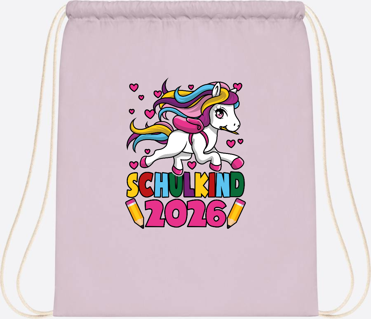 Turnbeutel Schulkind 2026 Einhorn mit Wunschname - Pastel Pink/White