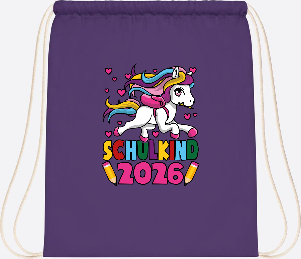 Turnbeutel Schulkind 2026 Einhorn mit Wunschname - Purple
