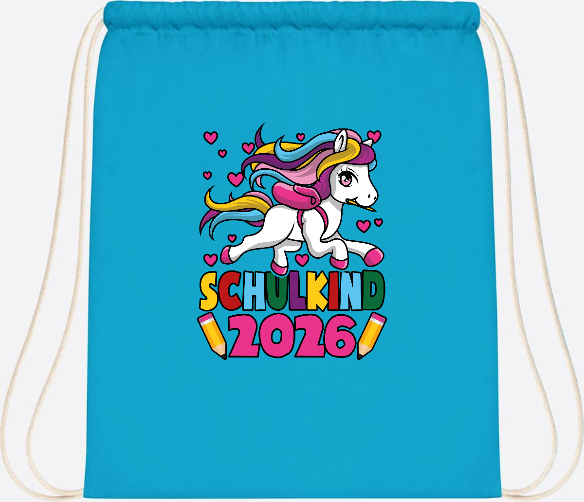 Turnbeutel Schulkind 2026 Einhorn mit Wunschname - Surf Blue