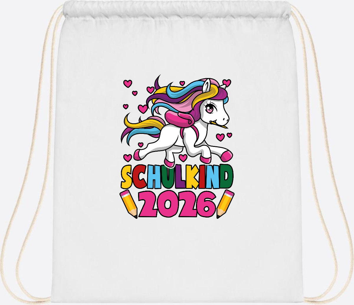Turnbeutel Schulkind 2026 Einhorn mit Wunschname - White