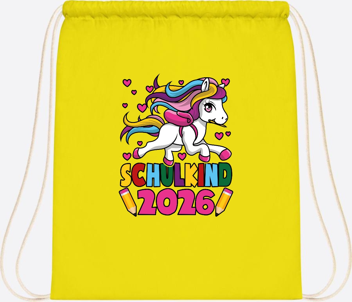 Turnbeutel Schulkind 2026 Einhorn mit Wunschname - Yellow