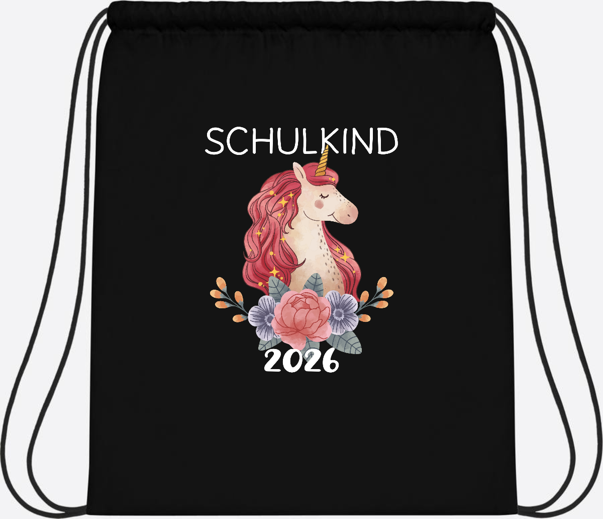 Turnbeutel Schulkind 2026 Einhorn – Personalisiert mit Name - Black/Black
