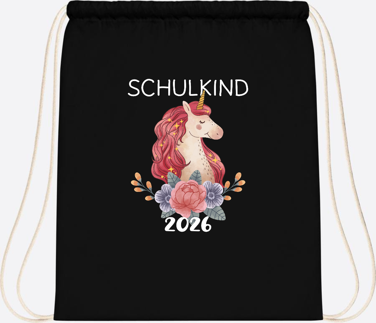 Turnbeutel Schulkind 2026 Einhorn – Personalisiert mit Name - Black