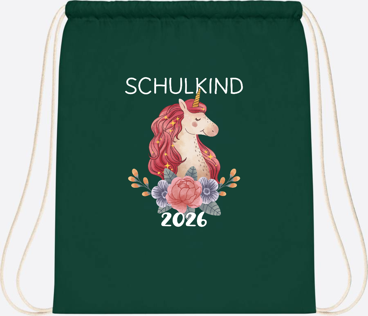 Turnbeutel Schulkind 2026 Einhorn – Personalisiert mit Name - Bottle Green