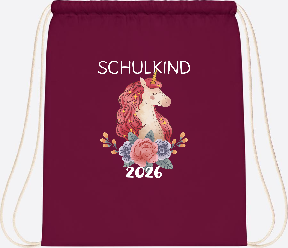 Turnbeutel Schulkind 2026 Einhorn – Personalisiert mit Name - Burgundy