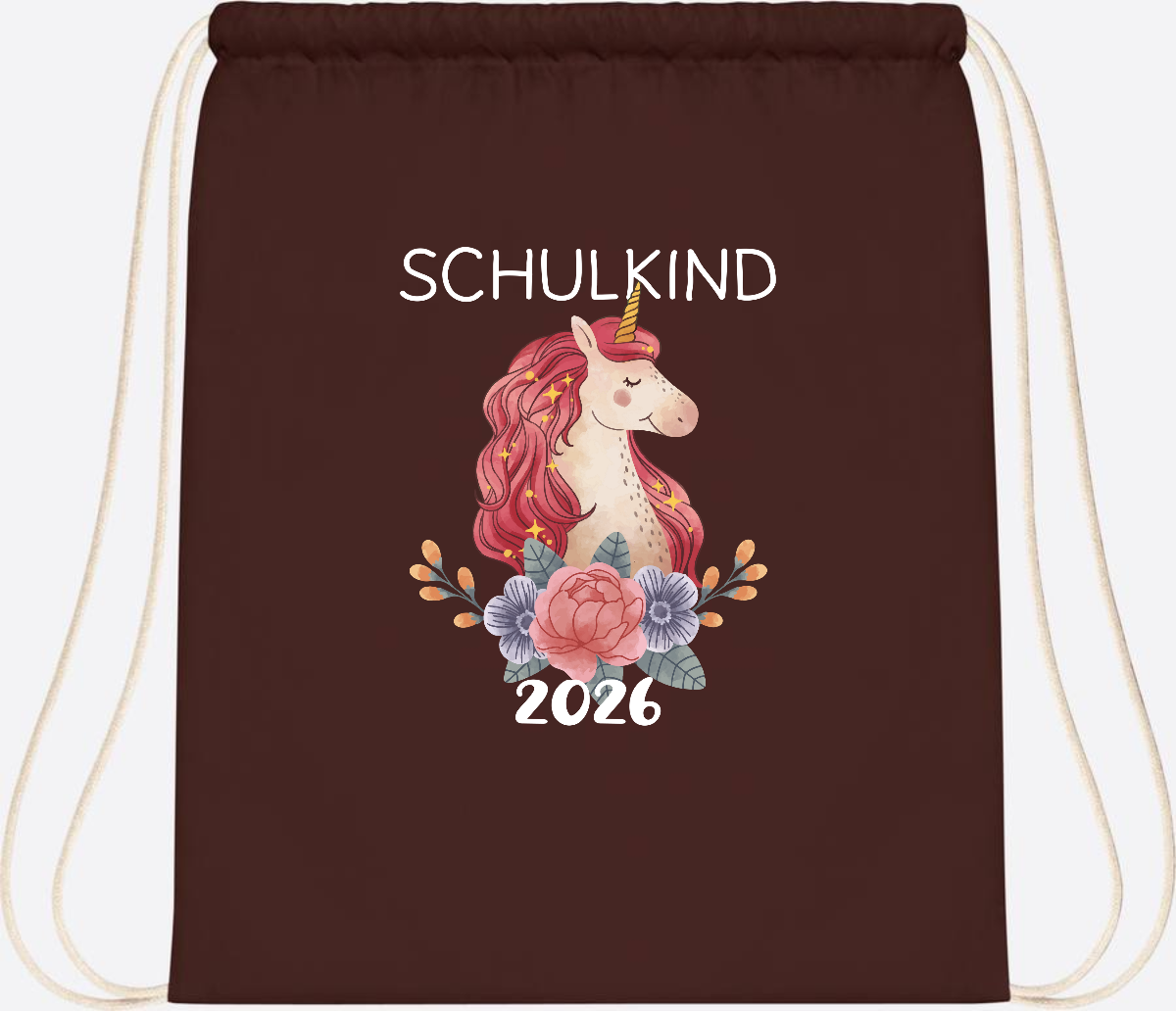 Turnbeutel Schulkind 2026 Einhorn – Personalisiert mit Name - Chocolate