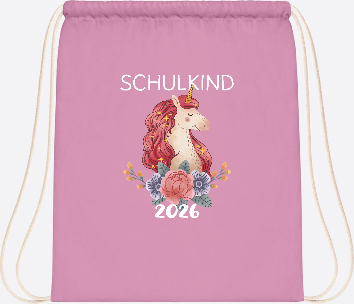 Turnbeutel Schulkind 2026 Einhorn – Personalisiert mit Name - Classic Pink/White