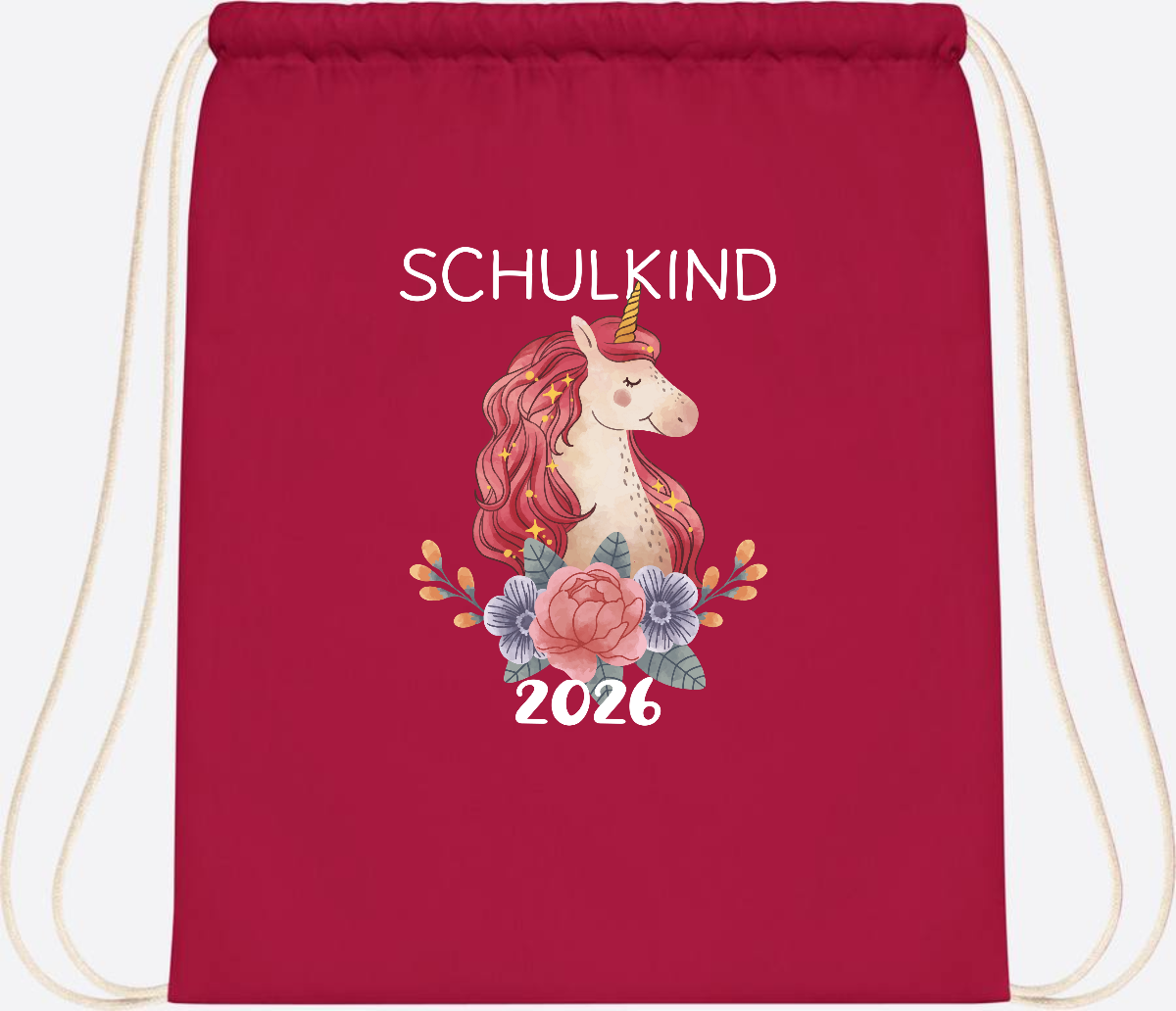 Turnbeutel Schulkind 2026 Einhorn – Personalisiert mit Name - Classic Red