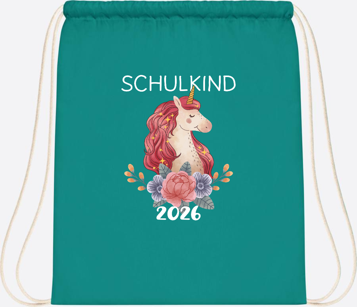 Turnbeutel Schulkind 2026 Einhorn – Personalisiert mit Name - Emerald
