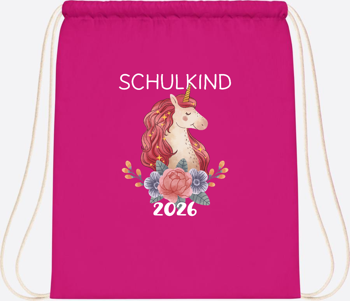 Turnbeutel Schulkind 2026 Einhorn – Personalisiert mit Name - Fuchsia