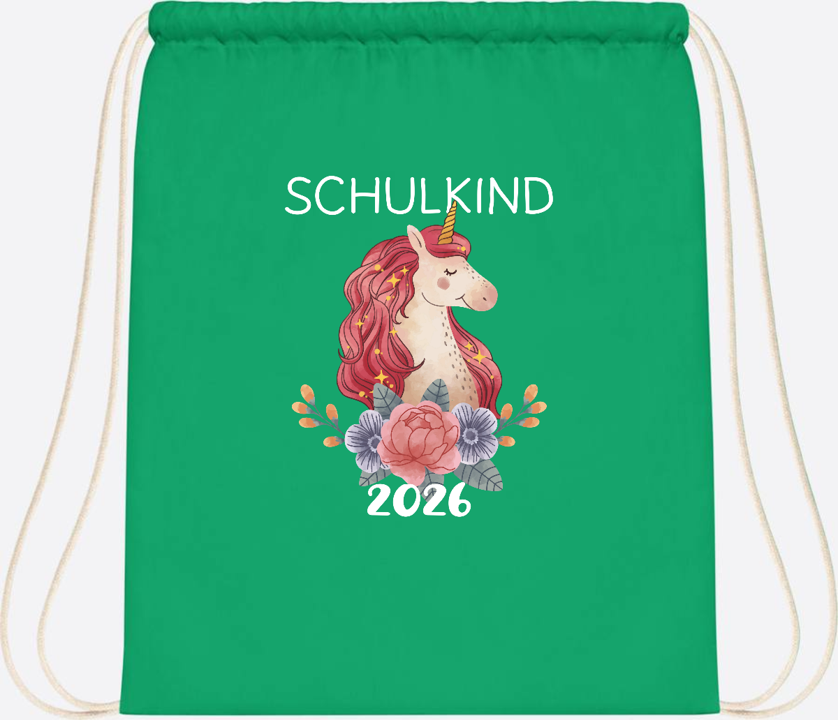 Turnbeutel Schulkind 2026 Einhorn – Personalisiert mit Name - Kelly Green