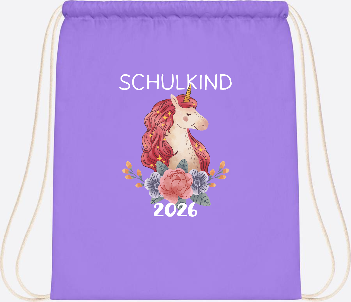 Turnbeutel Schulkind 2026 Einhorn – Personalisiert mit Name - Lavender/White