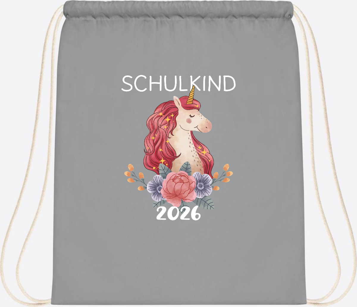 Turnbeutel Schulkind 2026 Einhorn – Personalisiert mit Name - Light Grey