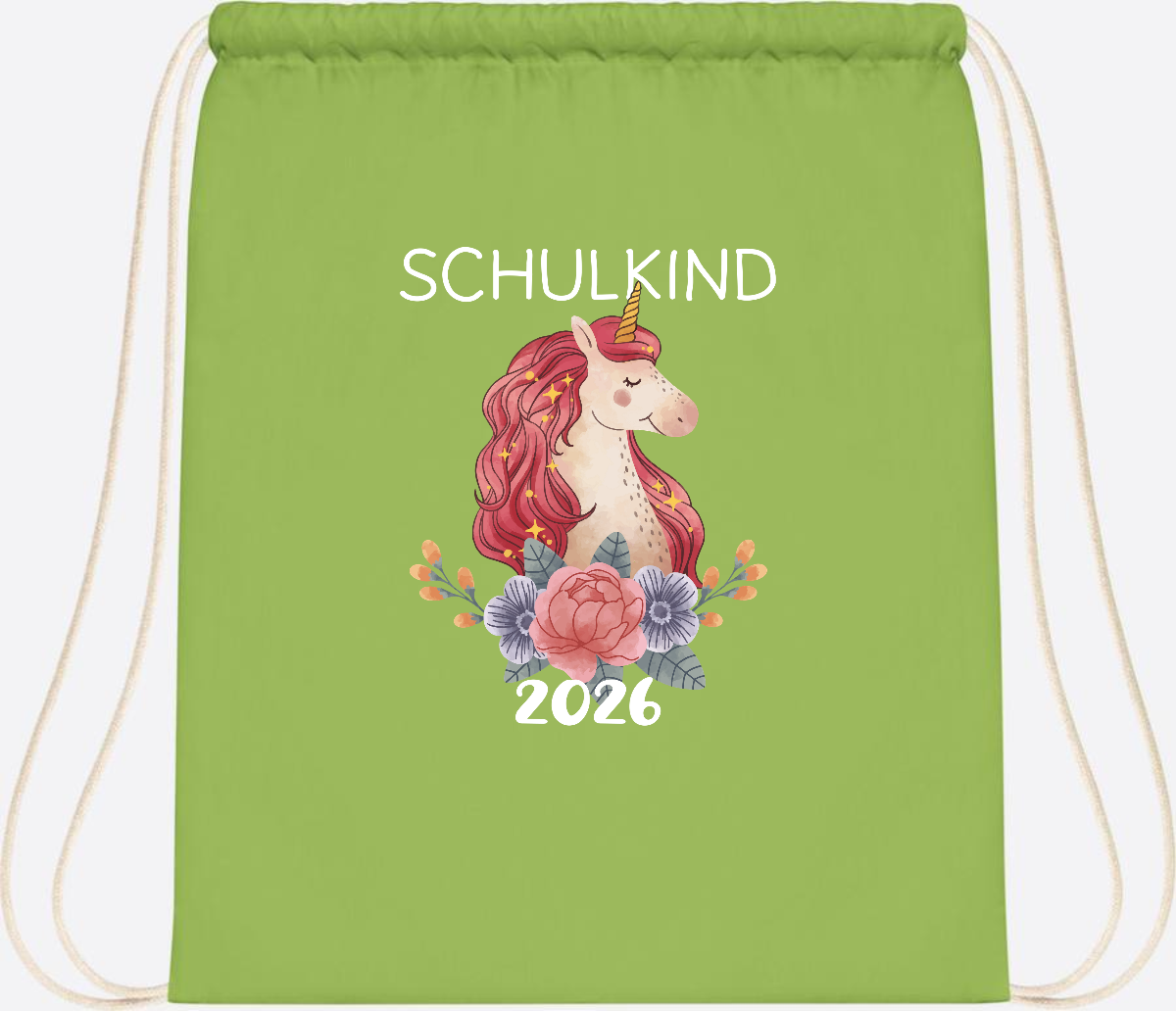 Turnbeutel Schulkind 2026 Einhorn – Personalisiert mit Name - Lime Green