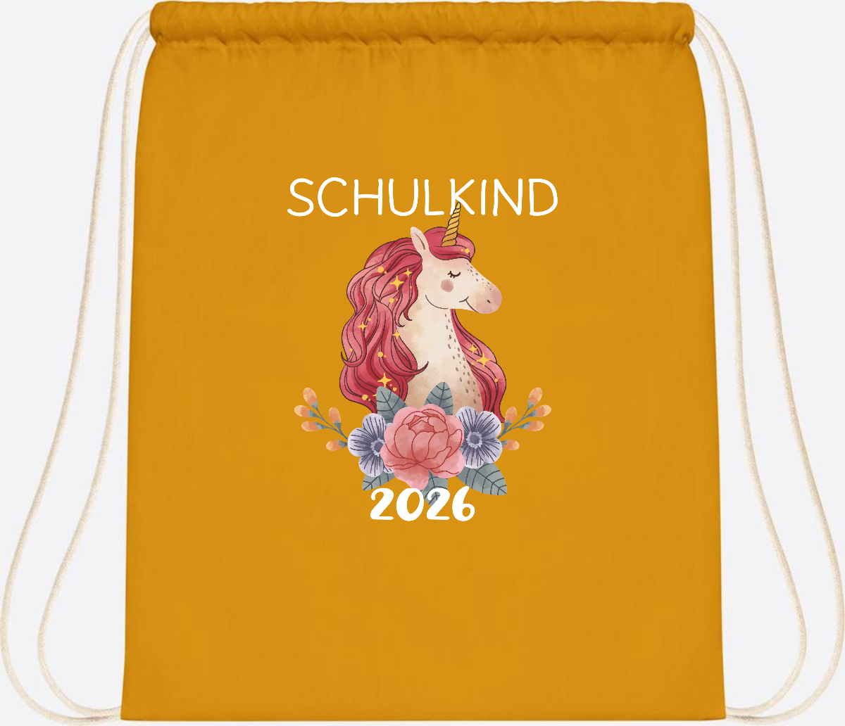 Turnbeutel Schulkind 2026 Einhorn – Personalisiert mit Name - Mustard