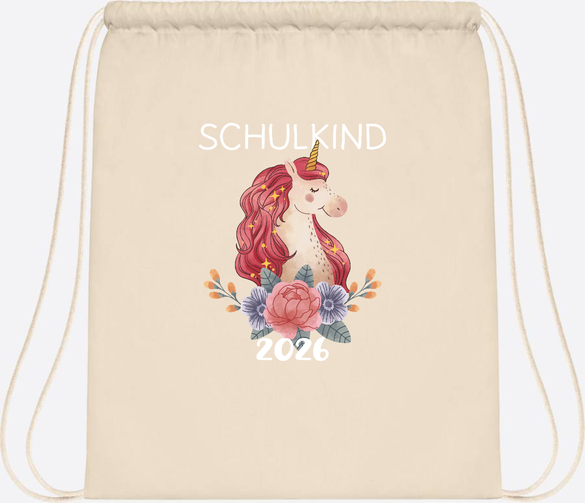 Turnbeutel Schulkind 2026 Einhorn – Personalisiert mit Name - Natural