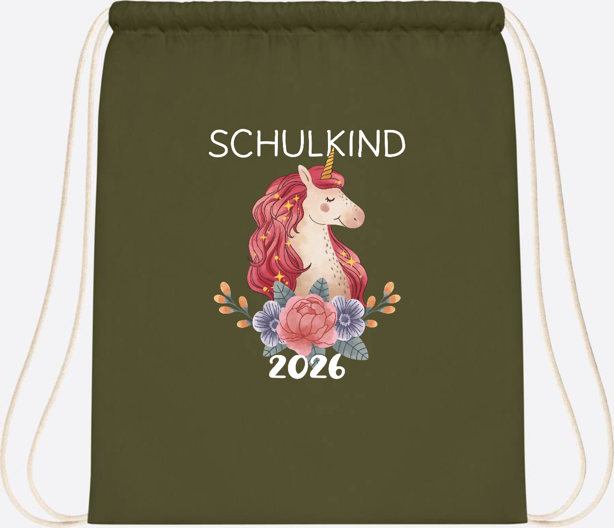 Turnbeutel Schulkind 2026 Einhorn – Personalisiert mit Name - Olive Green