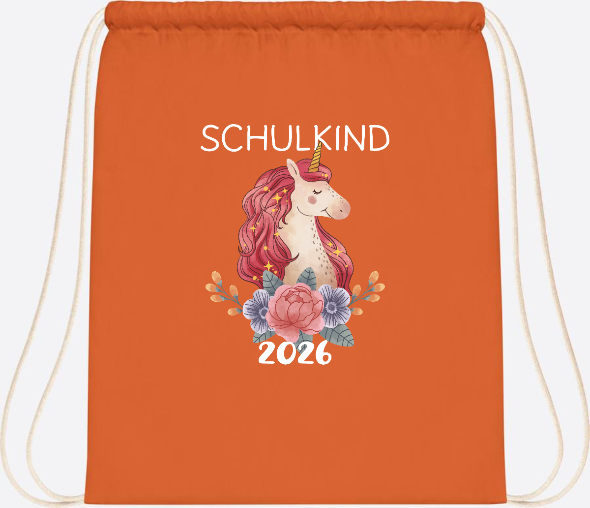 Turnbeutel Schulkind 2026 Einhorn – Personalisiert mit Name - Orange