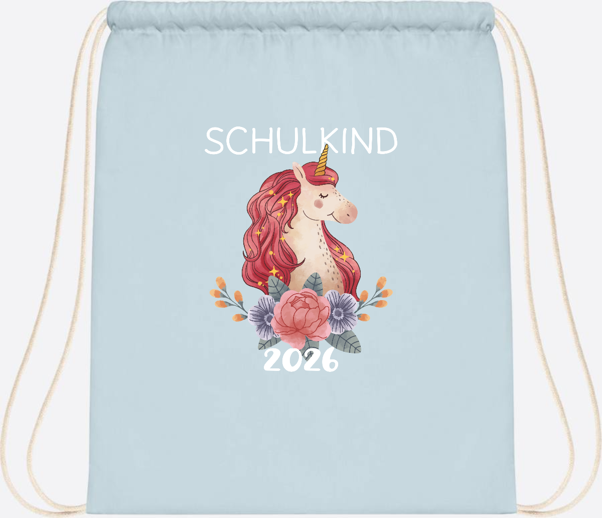 Turnbeutel Schulkind 2026 Einhorn – Personalisiert mit Name - Pastel Blue/White