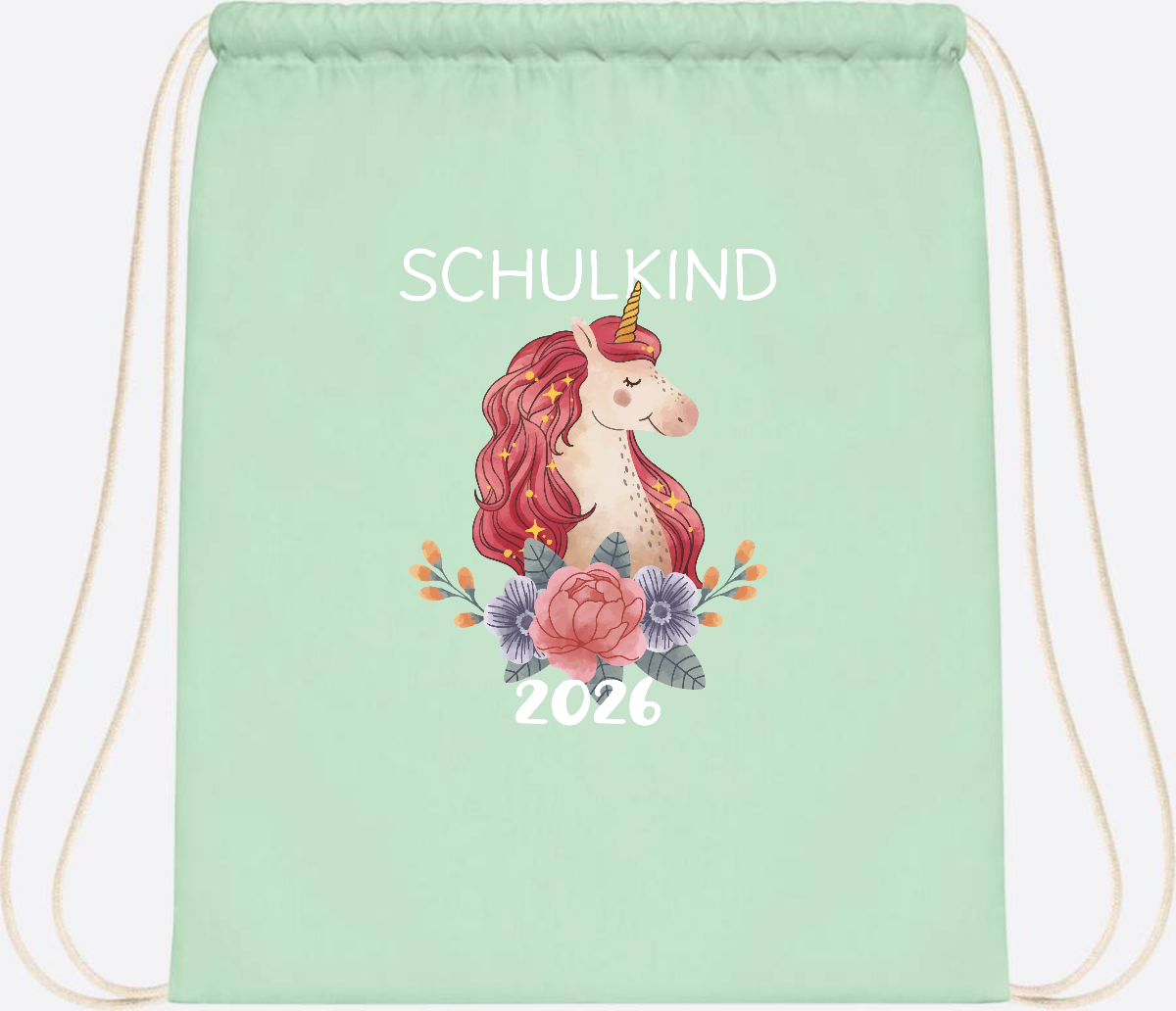 Turnbeutel Schulkind 2026 Einhorn – Personalisiert mit Name - Pastel Mint/White