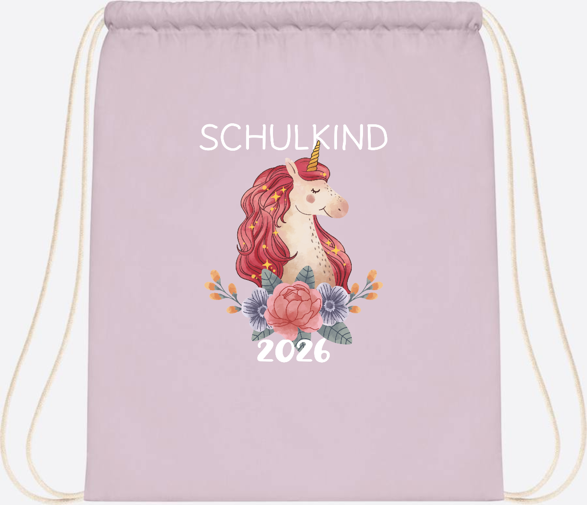Turnbeutel Schulkind 2026 Einhorn – Personalisiert mit Name - Pastel Pink/White
