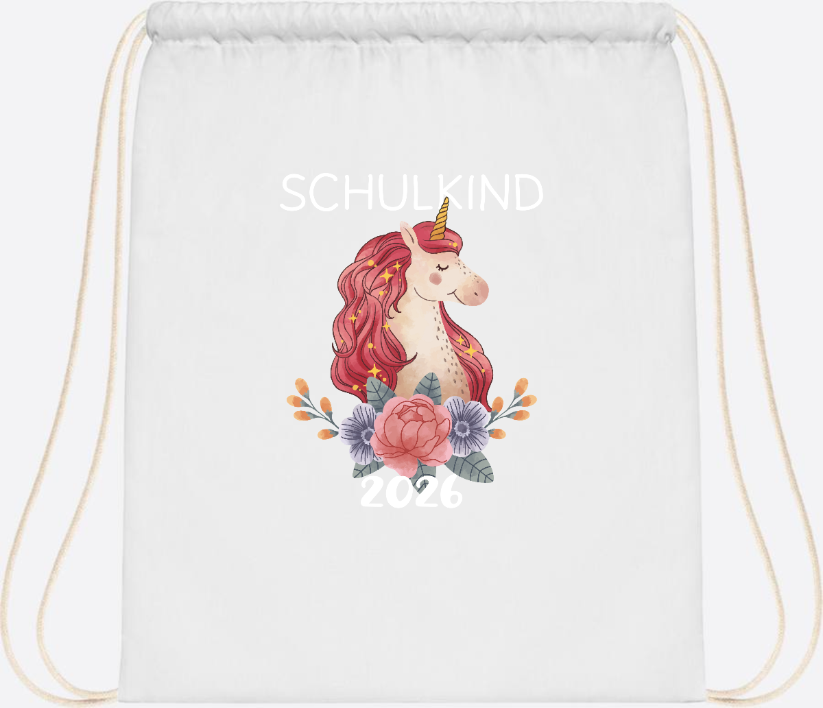 Turnbeutel Schulkind 2026 Einhorn – Personalisiert mit Name - White