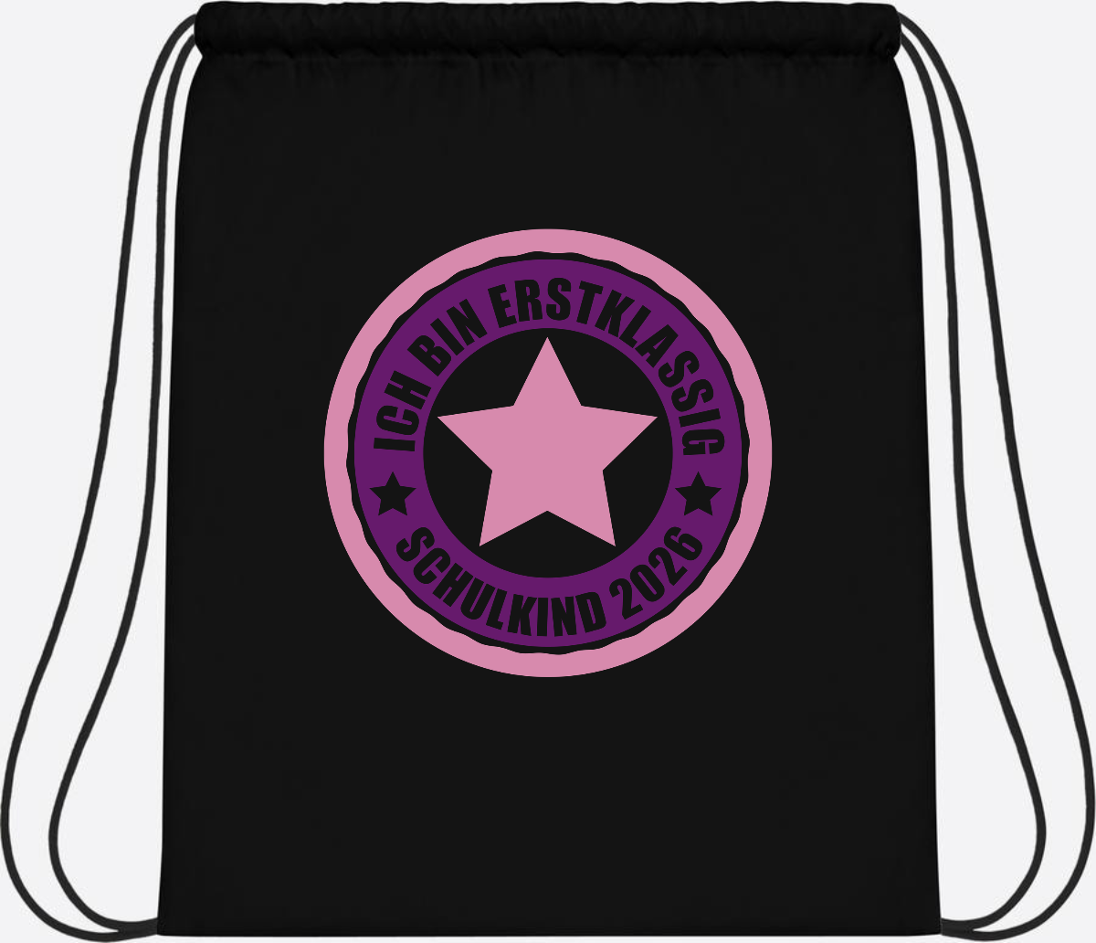Turnbeutel Schulkind 2026: Erstklassig in Rosa mit Name - Black/Black