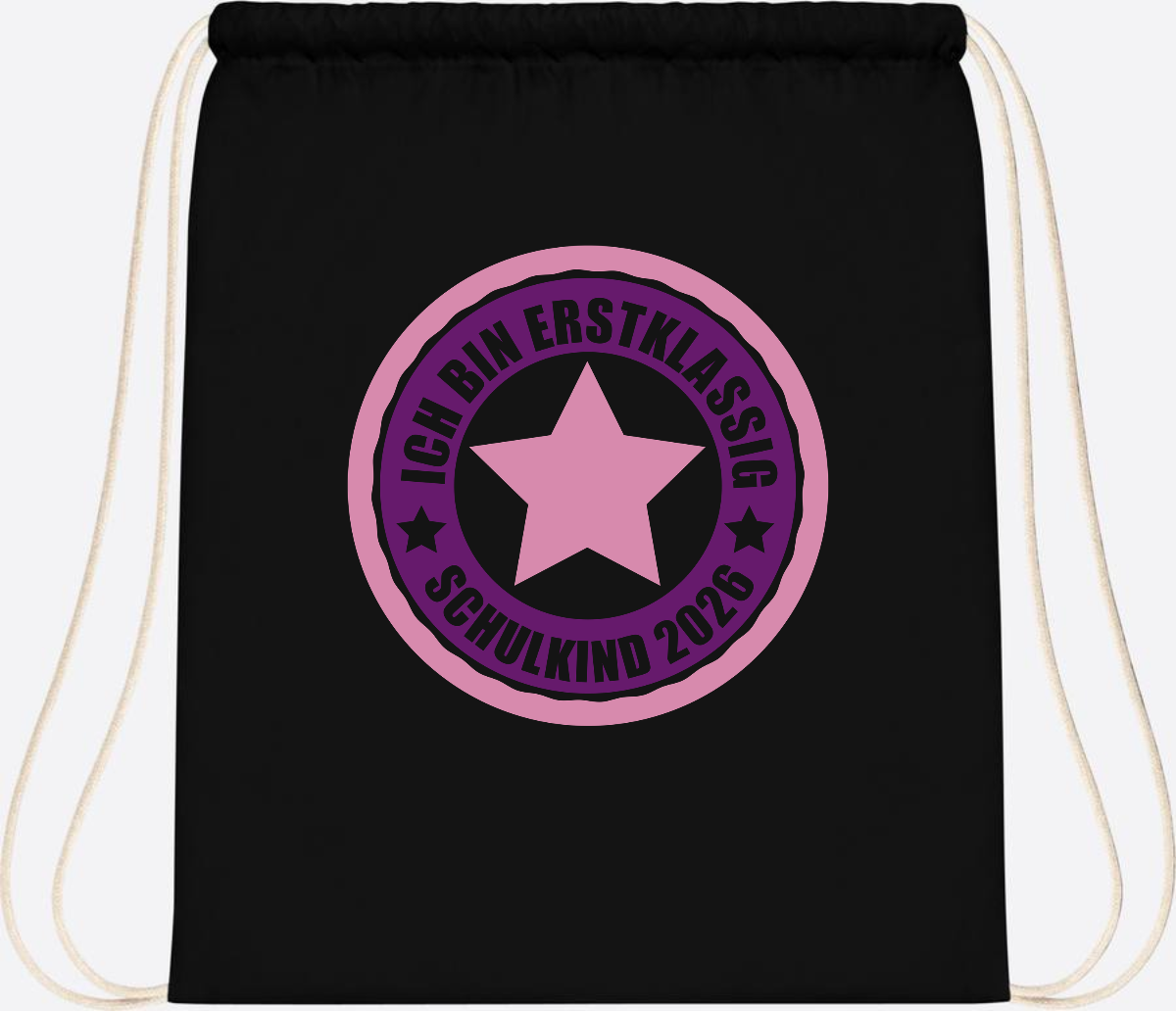 Turnbeutel Schulkind 2026: Erstklassig in Rosa mit Name - Black