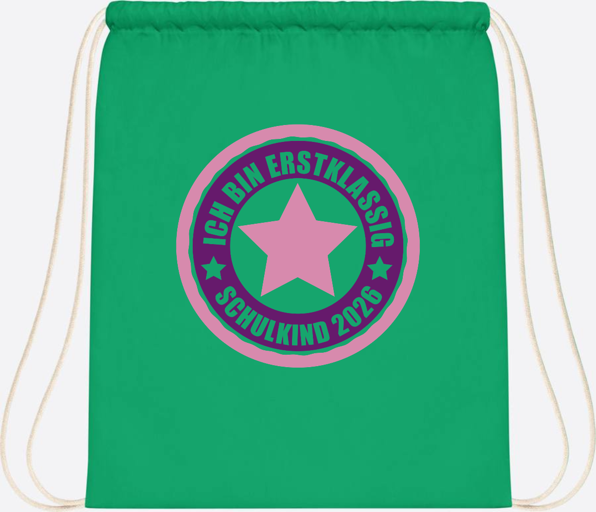 Turnbeutel Schulkind 2026: Erstklassig in Rosa mit Name - Kelly Green