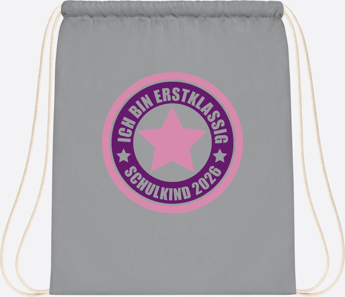 Turnbeutel Schulkind 2026: Erstklassig in Rosa mit Name - Light Grey