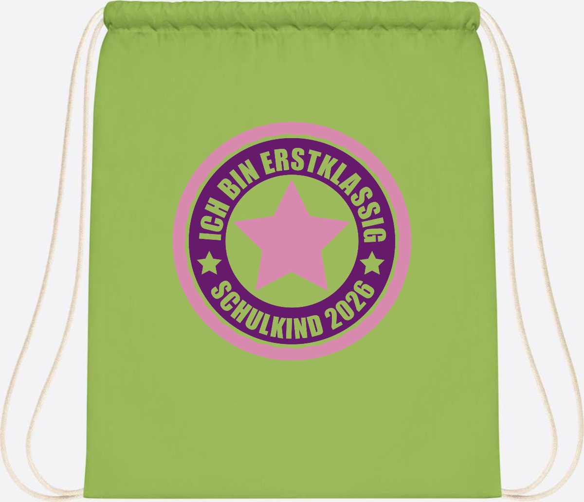 Turnbeutel Schulkind 2026: Erstklassig in Rosa mit Name - Lime Green