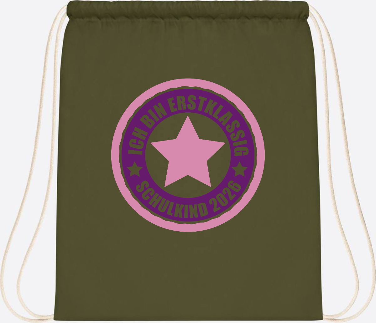 Turnbeutel Schulkind 2026: Erstklassig in Rosa mit Name - Olive Green