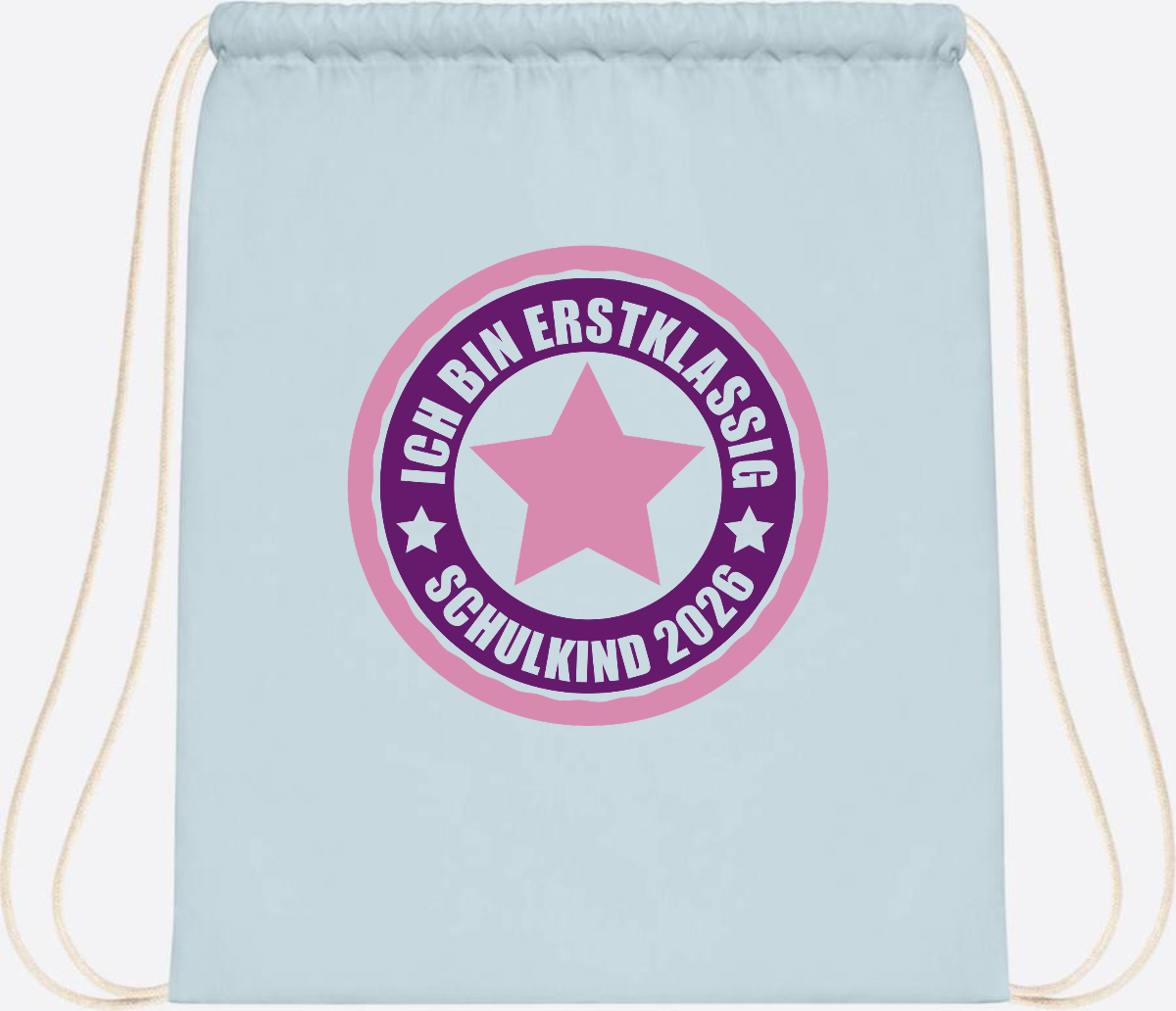 Turnbeutel Schulkind 2026: Erstklassig in Rosa mit Name - Pastel Blue/White