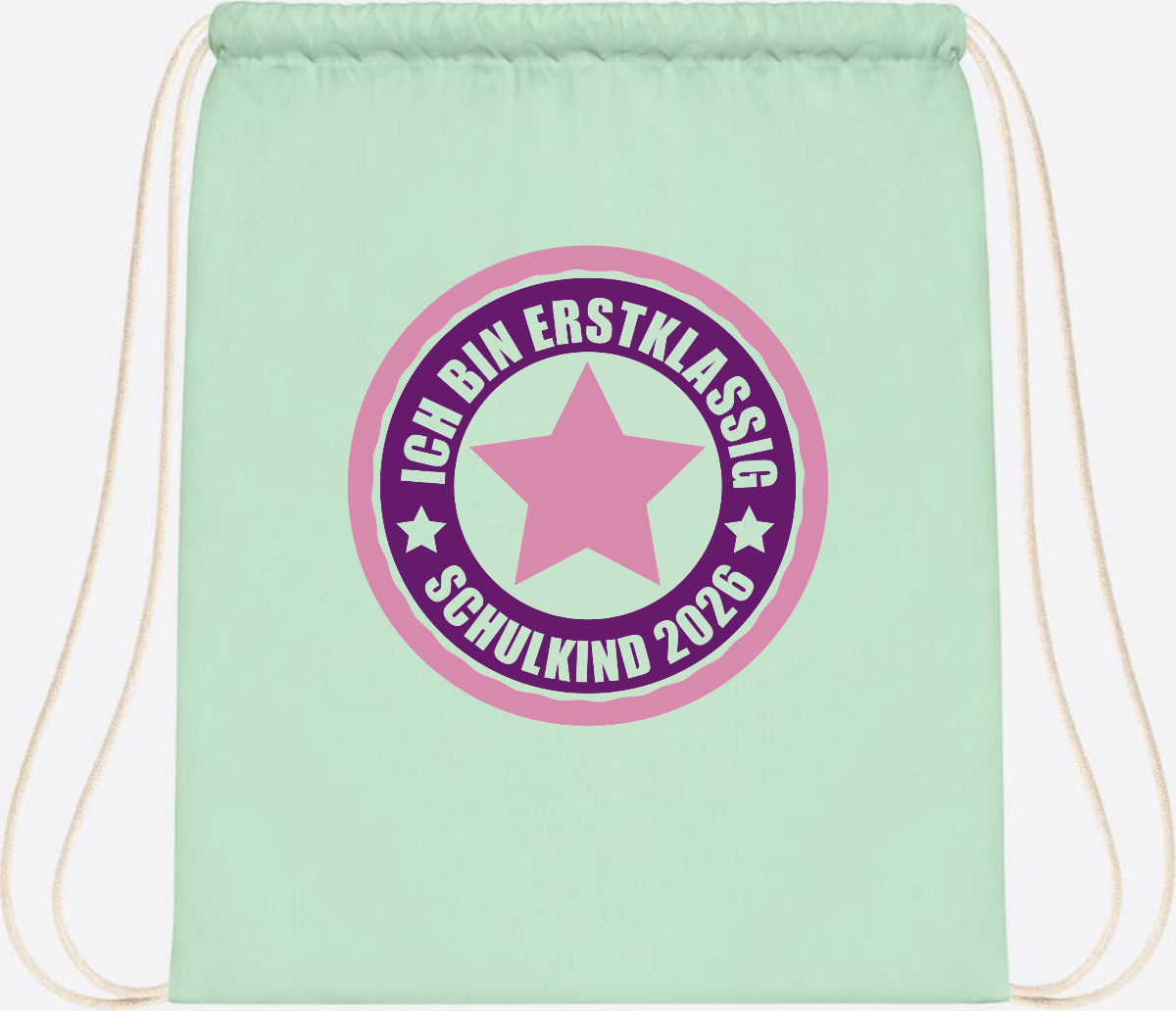 Turnbeutel Schulkind 2026: Erstklassig in Rosa mit Name - Pastel Mint/White