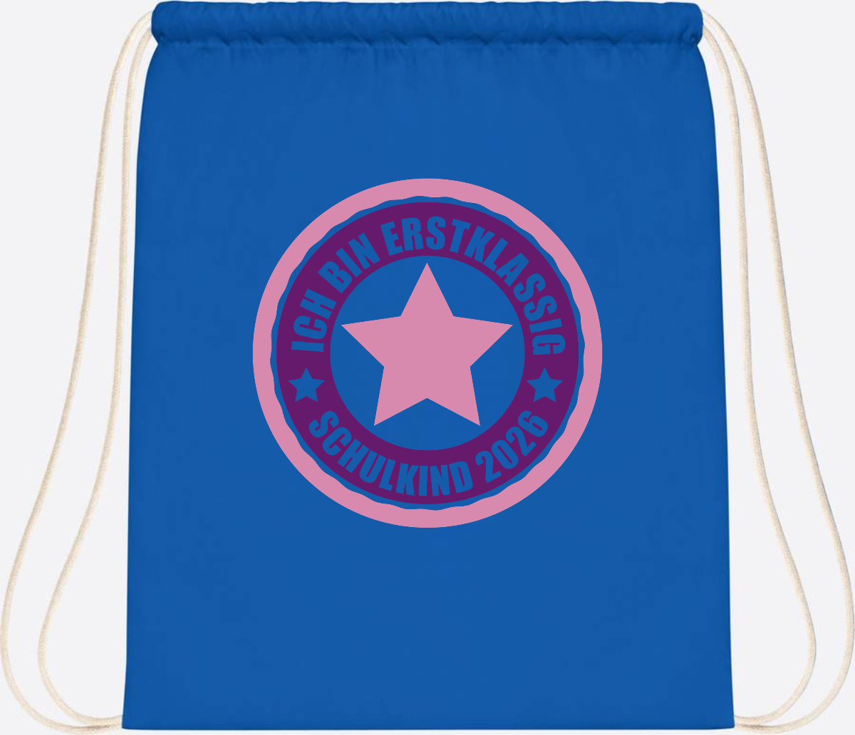 Turnbeutel Schulkind 2026: Erstklassig in Rosa mit Name - Sapphire Blue