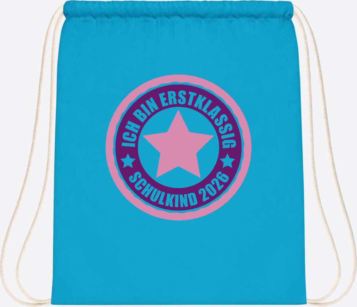 Turnbeutel Schulkind 2026: Erstklassig in Rosa mit Name - Surf Blue