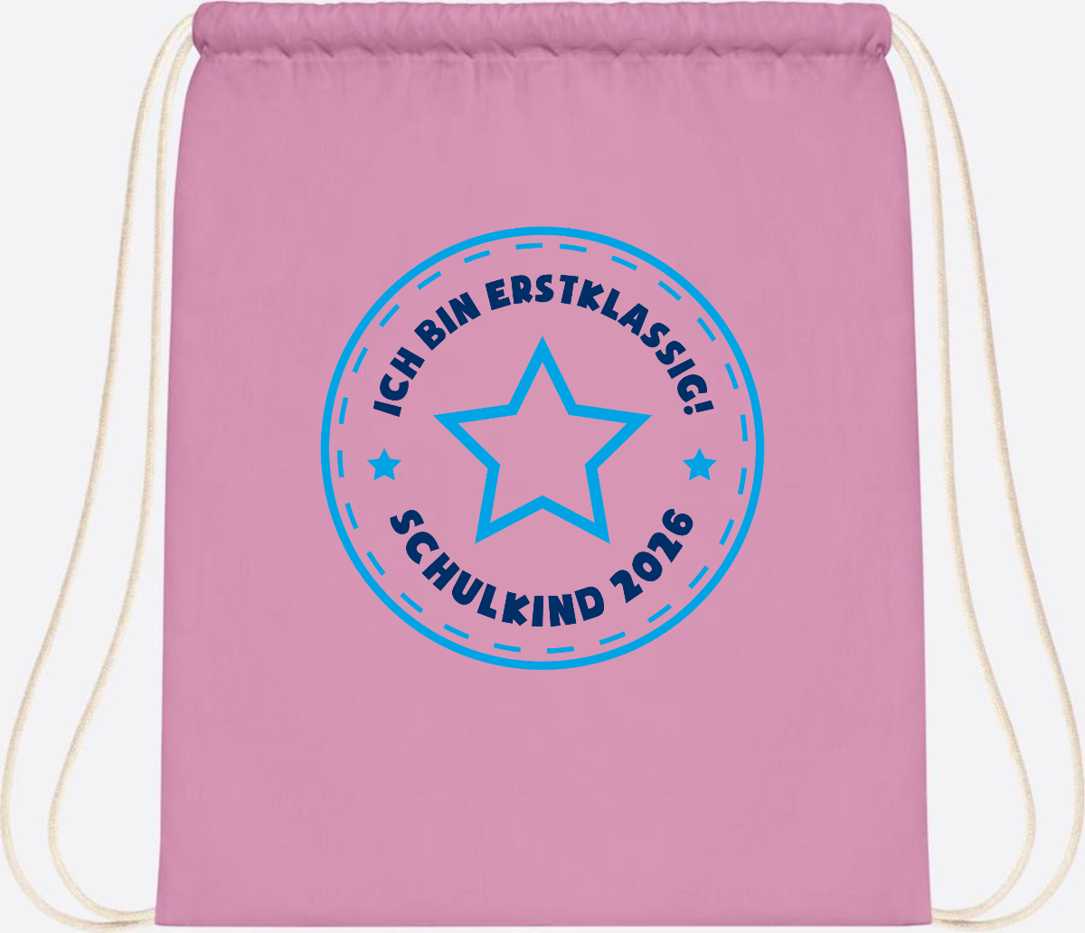 Turnbeutel Schulkind 2026 – Erstklassig Stern Blau - Classic Pink/White